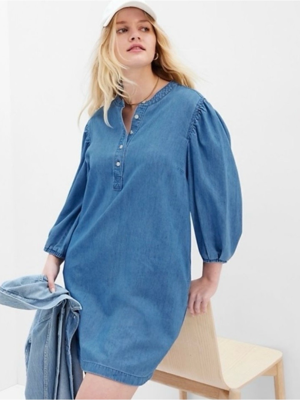 Gap Blue Denim Shift Mini Dress Women's Size S With Pockets Puff 3/4 Sleeves